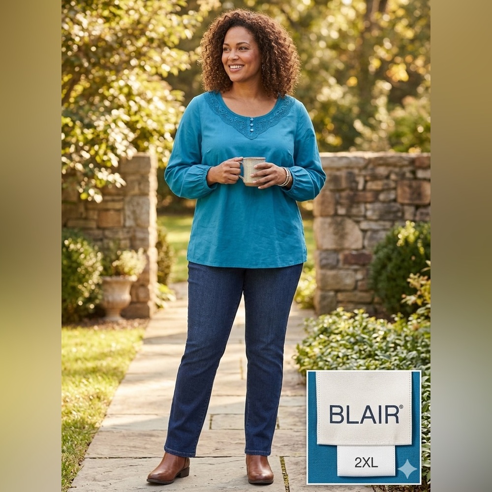 Blair Teal Embroidered V-Neck Pullover Top